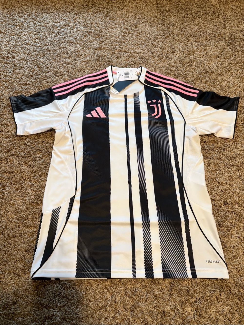 adidas Juventus Black White Pink Striped Soccer Jersey